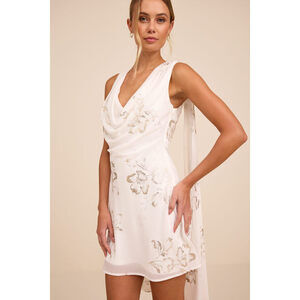 Lulus Sidonia White And Gold Floral Cowl Sash Mini Dress - Size XL